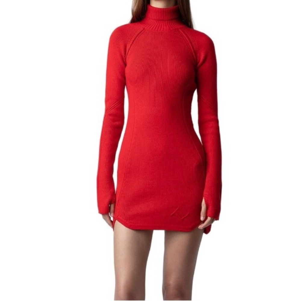 Zadig & Voltaire Red Ribbed Turtleneck Mini Dress
